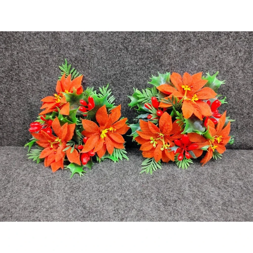 2 Vintage Plastic Flowers Christmas Candle Wreath Poinsettias Holly Berries